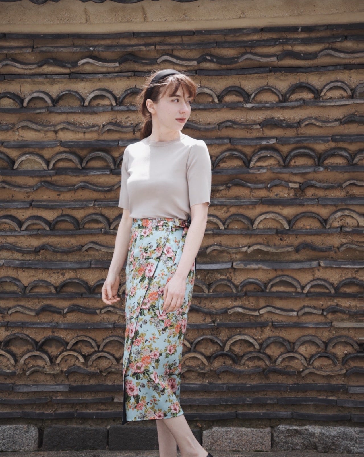 Reversible Skirt Long Straight - Ibischi - Azzurro