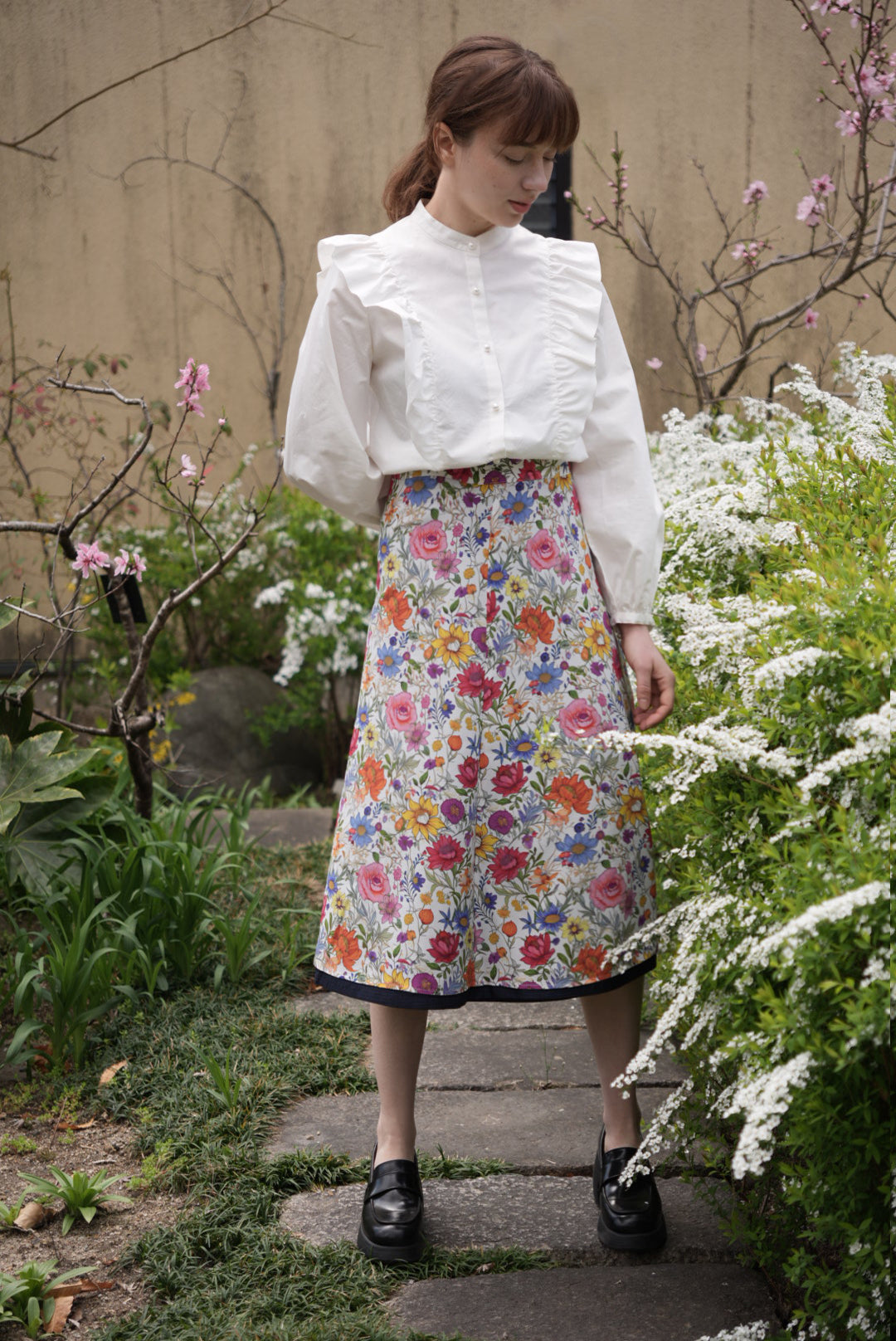 Reversible Skirt Flare - Fiori vari - Bianco