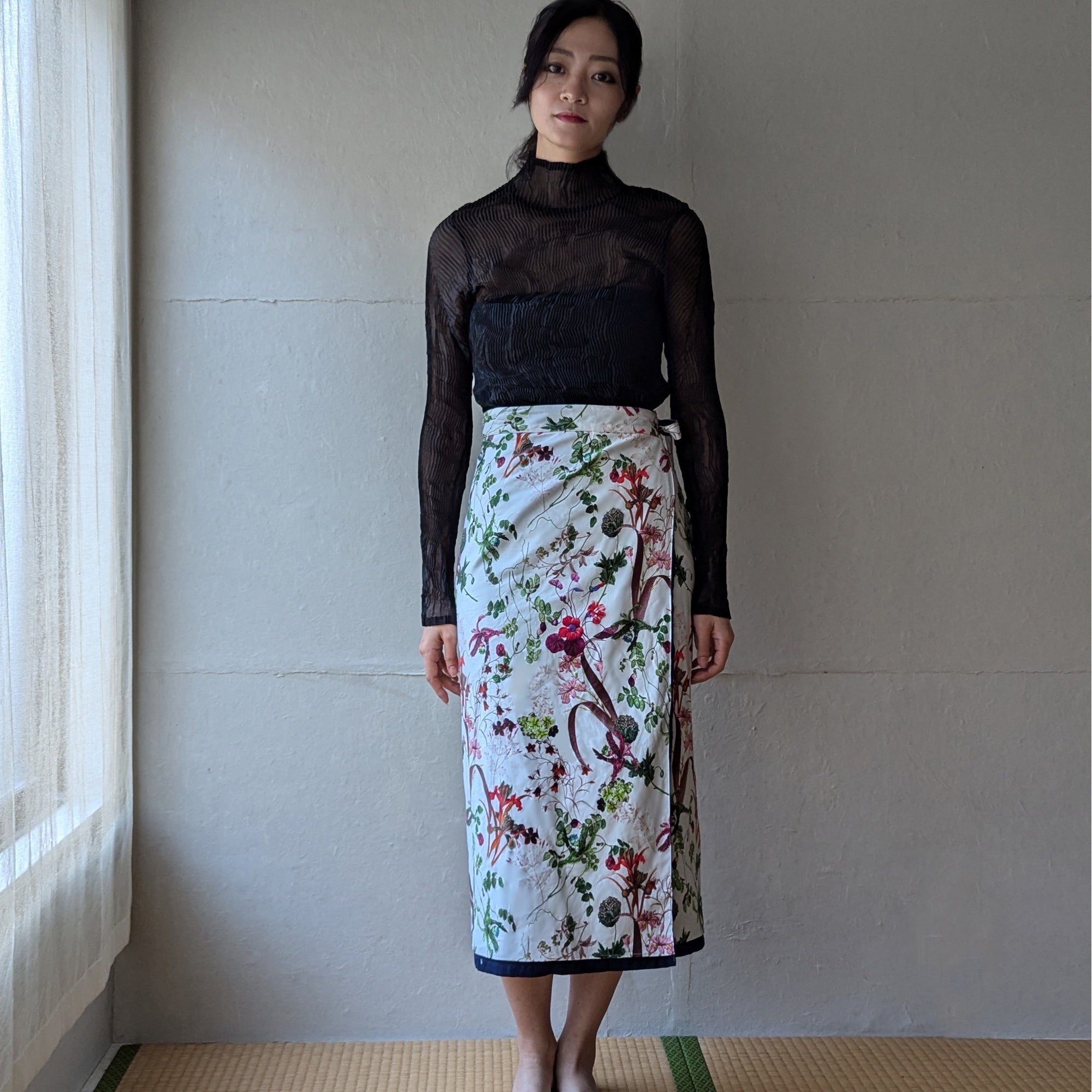 Reversible Skirt - Kurume Kasuri Straight Long - Fiori - Bianco