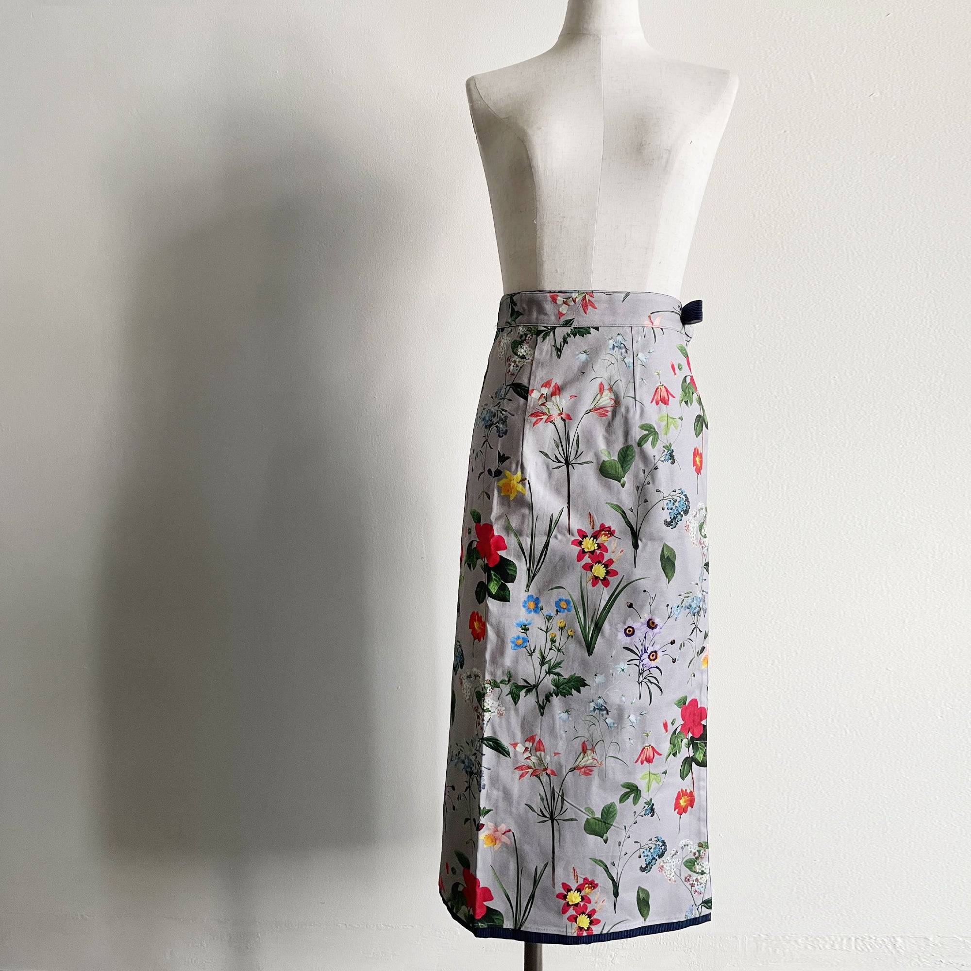 Reversible Skirt - Kurume Kasuri Straight Long - Fiori - Grigio