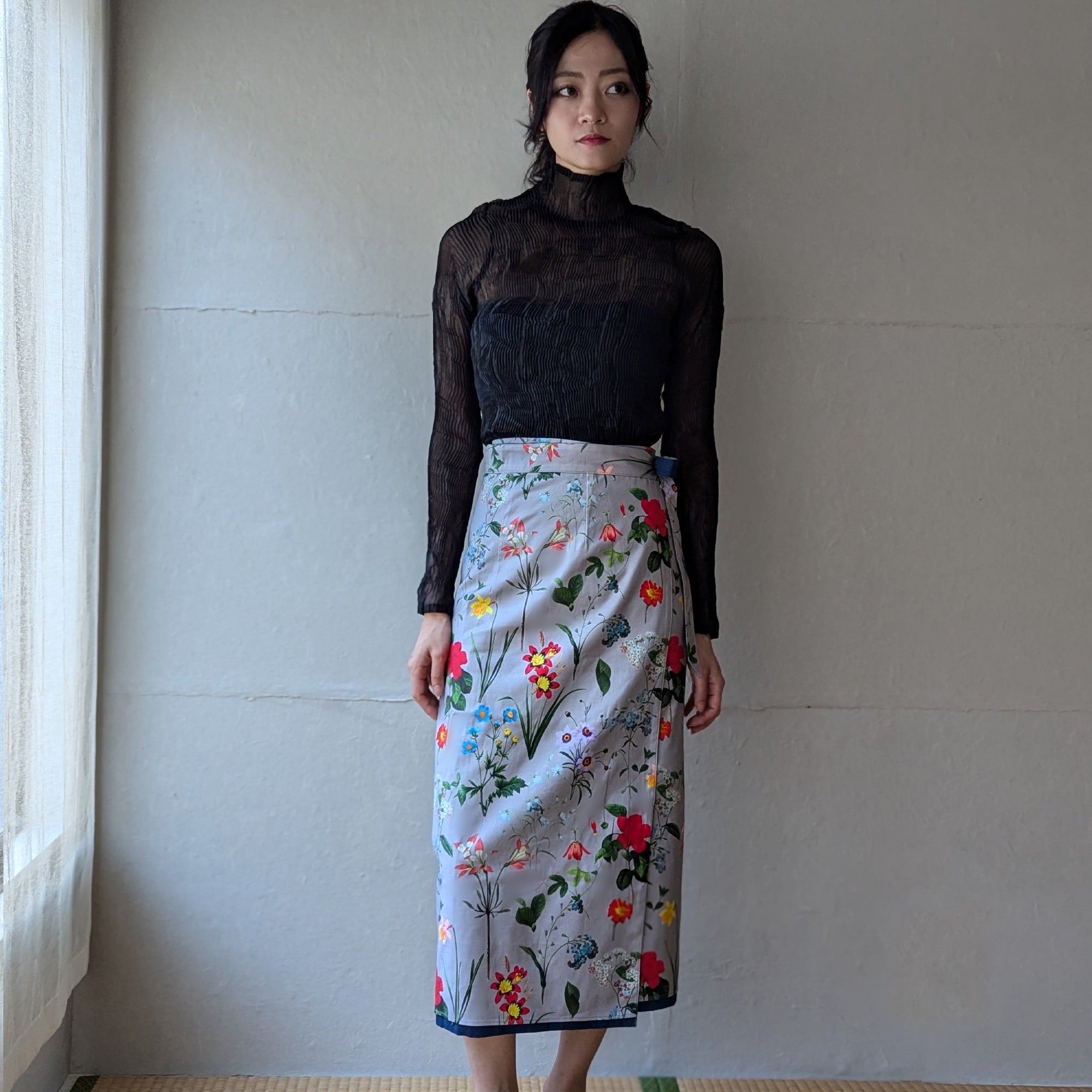 Reversible Skirt - Kurume Kasuri Straight Long - Fiori - Grigio