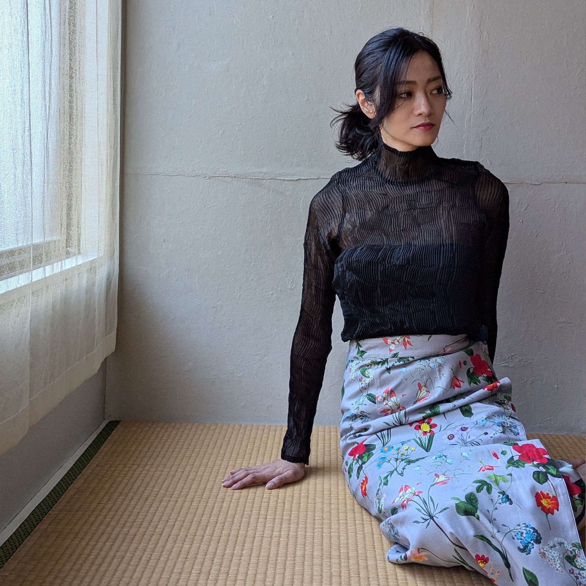 Reversible Skirt - Kurume Kasuri Straight Long - Fiori - Grigio