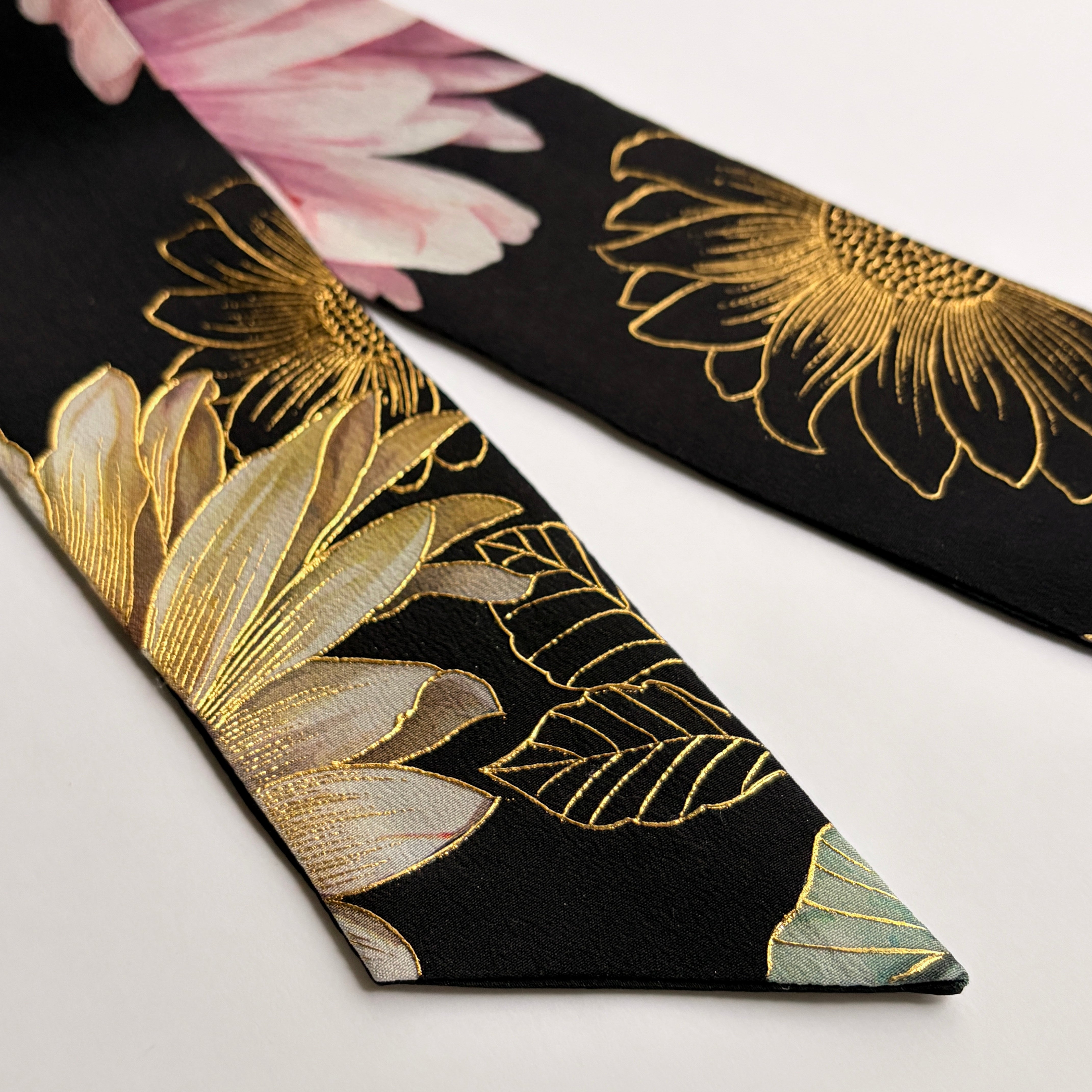 Silk Skinny Scarf - Pastel Daisy Black
