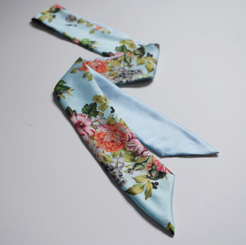 Silk Skinny Scarf - Ibischi - Azzurro