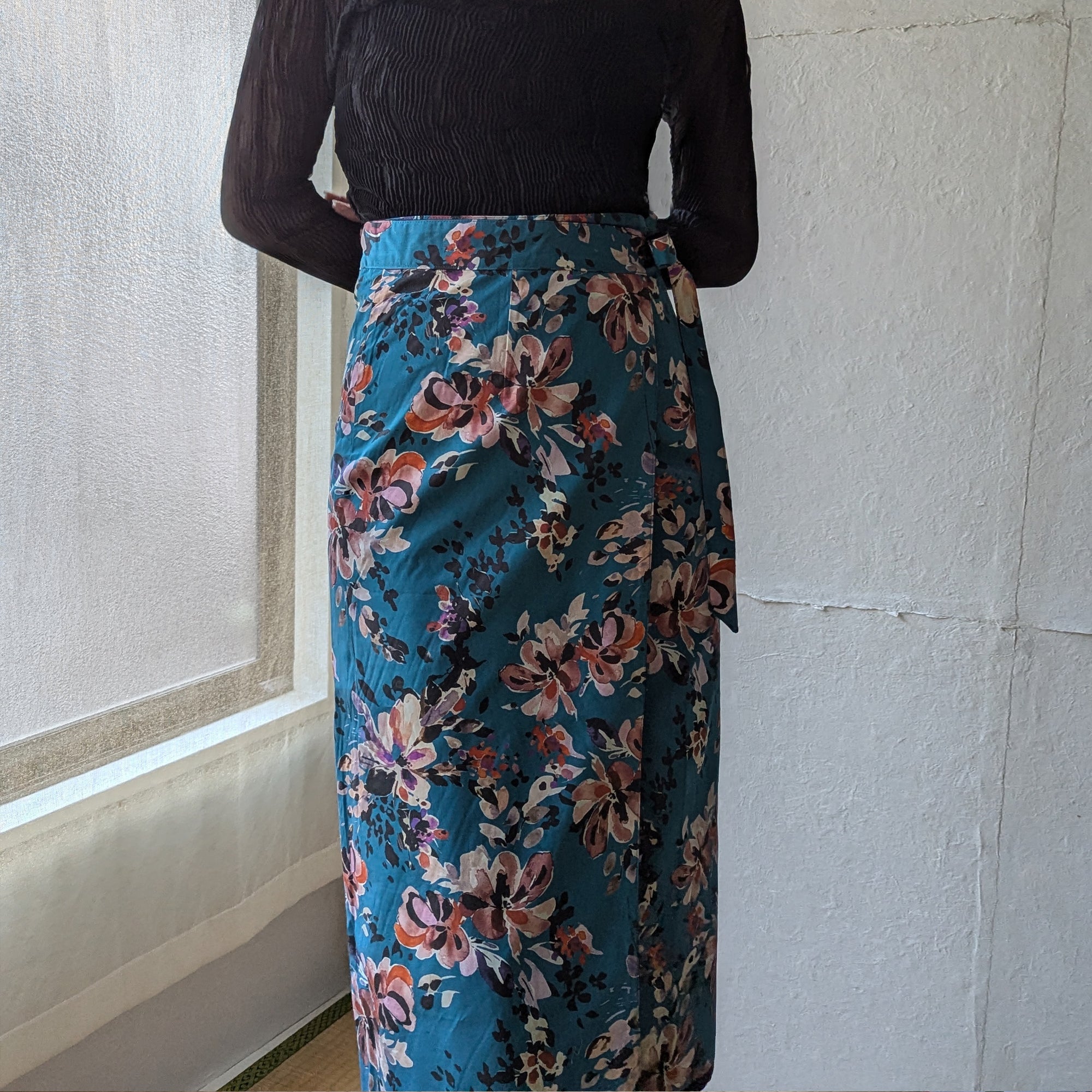 Reversible Skirt - Kurume Kasuri Straight Long - Fiori - Blu