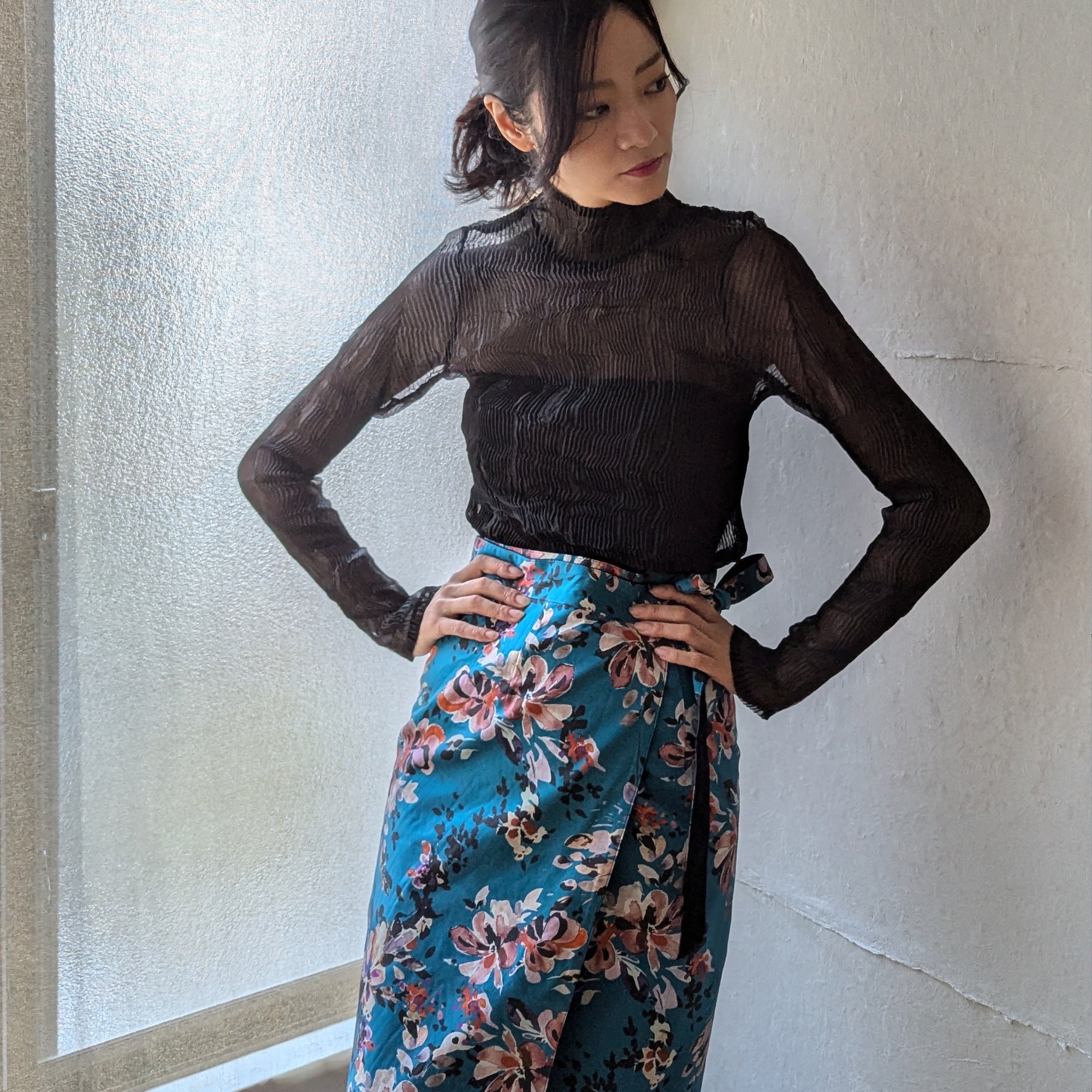 Reversible Skirt - Kurume Kasuri Straight Long - Fiori - Blu