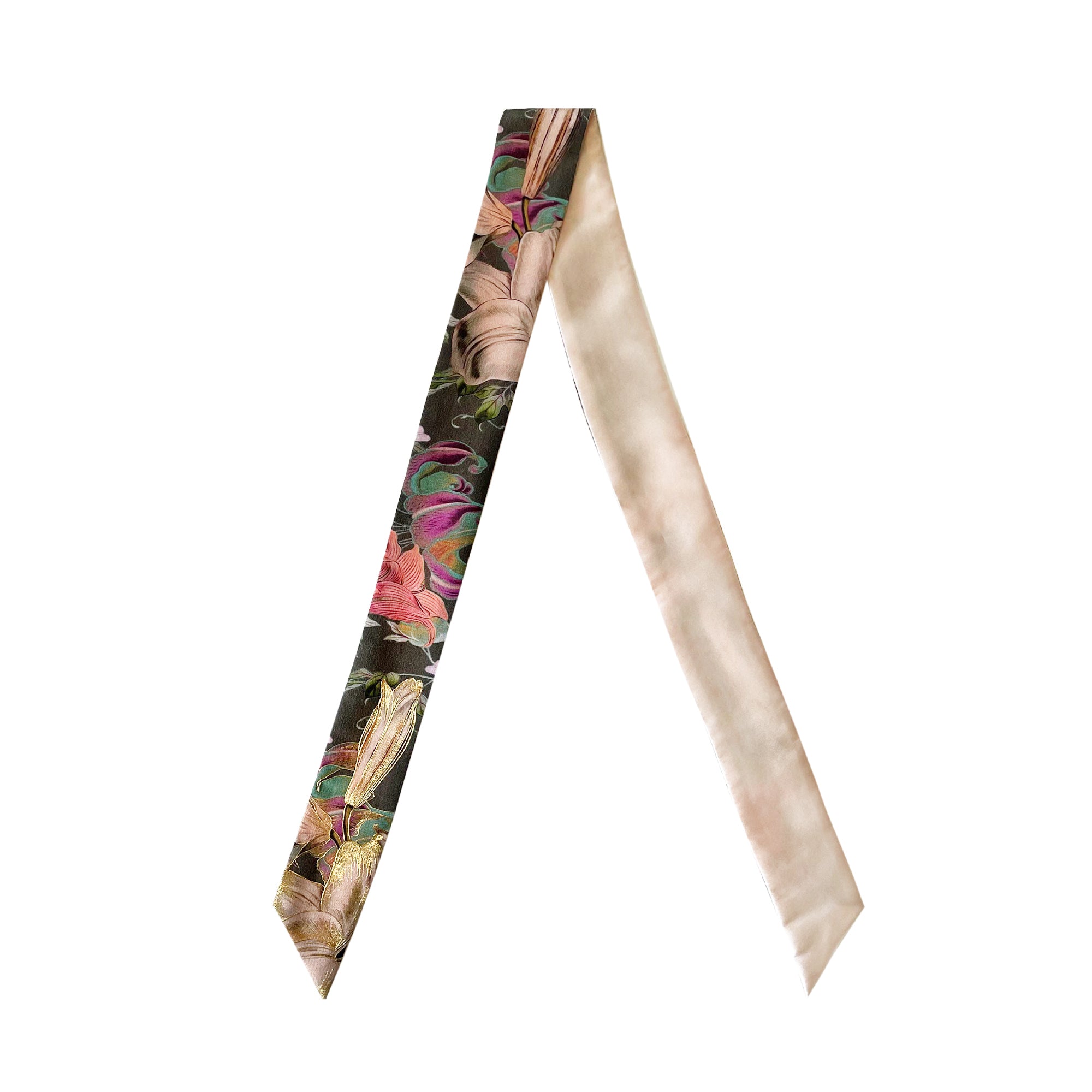 Silk Skinny Scarf - Fiori Rosa - Khaki
