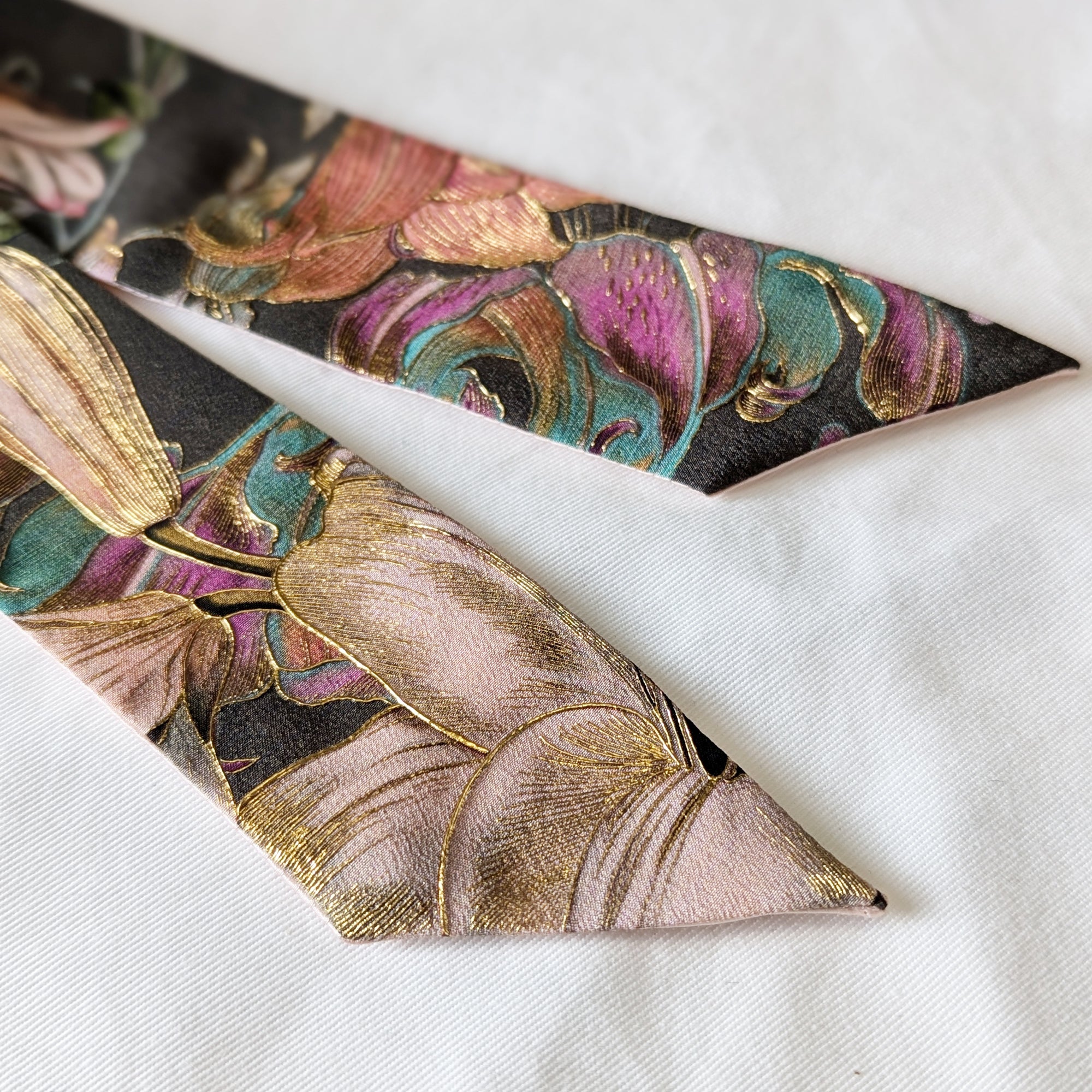 Silk Skinny Scarf - Fiori Rosa - Khaki