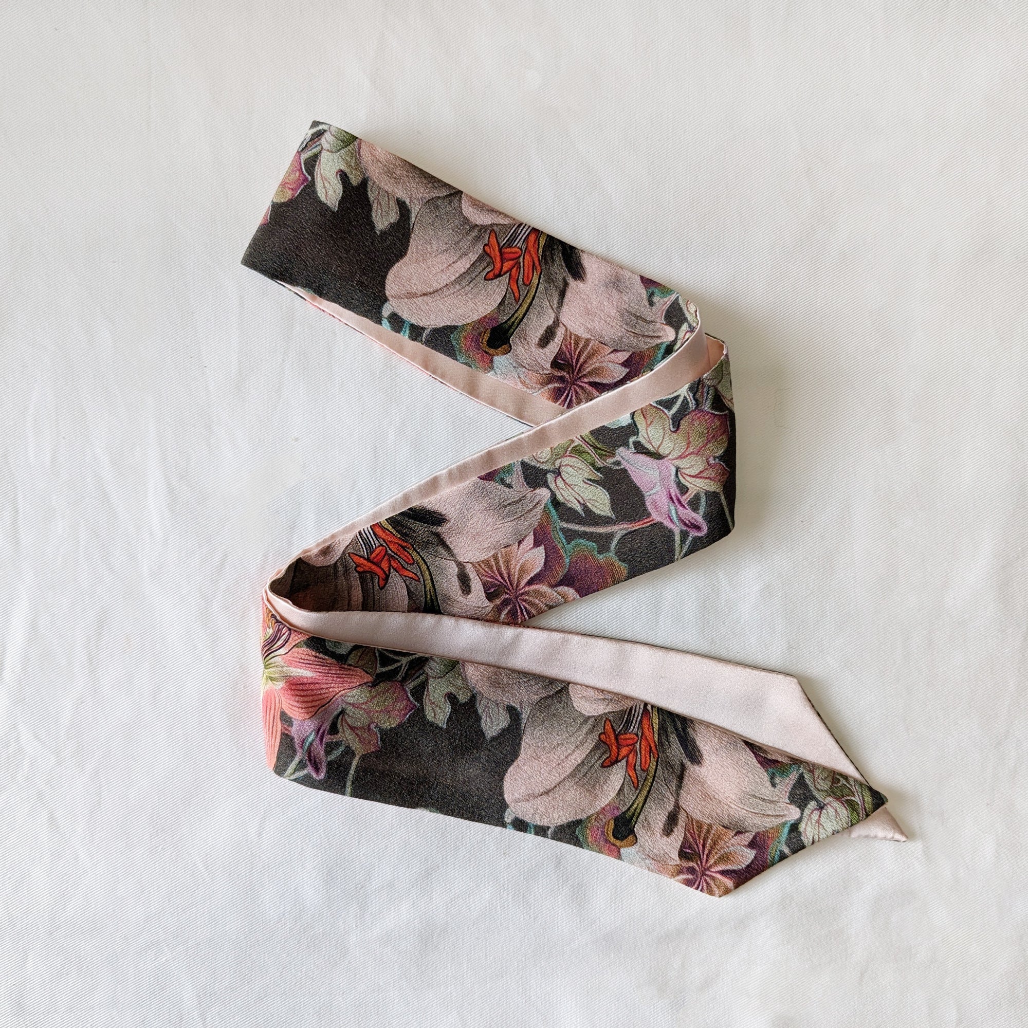Silk Skinny Scarf - Fiori Rosa - Khaki