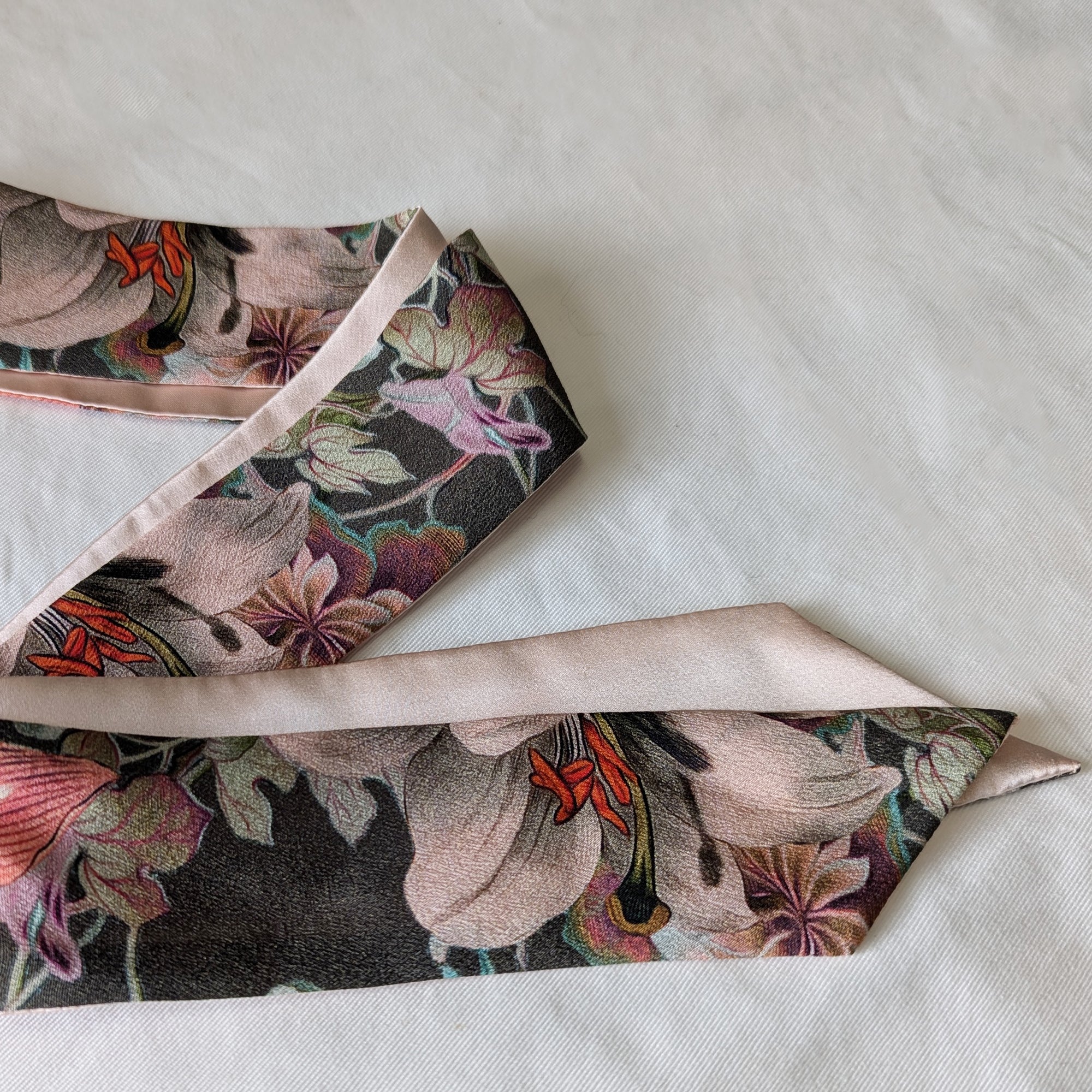 Silk Skinny Scarf - Fiori Rosa - Khaki