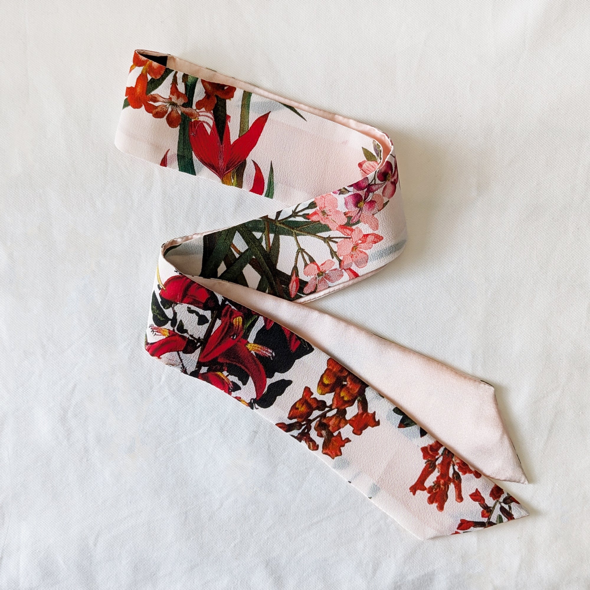 Silk Skinny Scarf - Fiori Rossi - Bianco