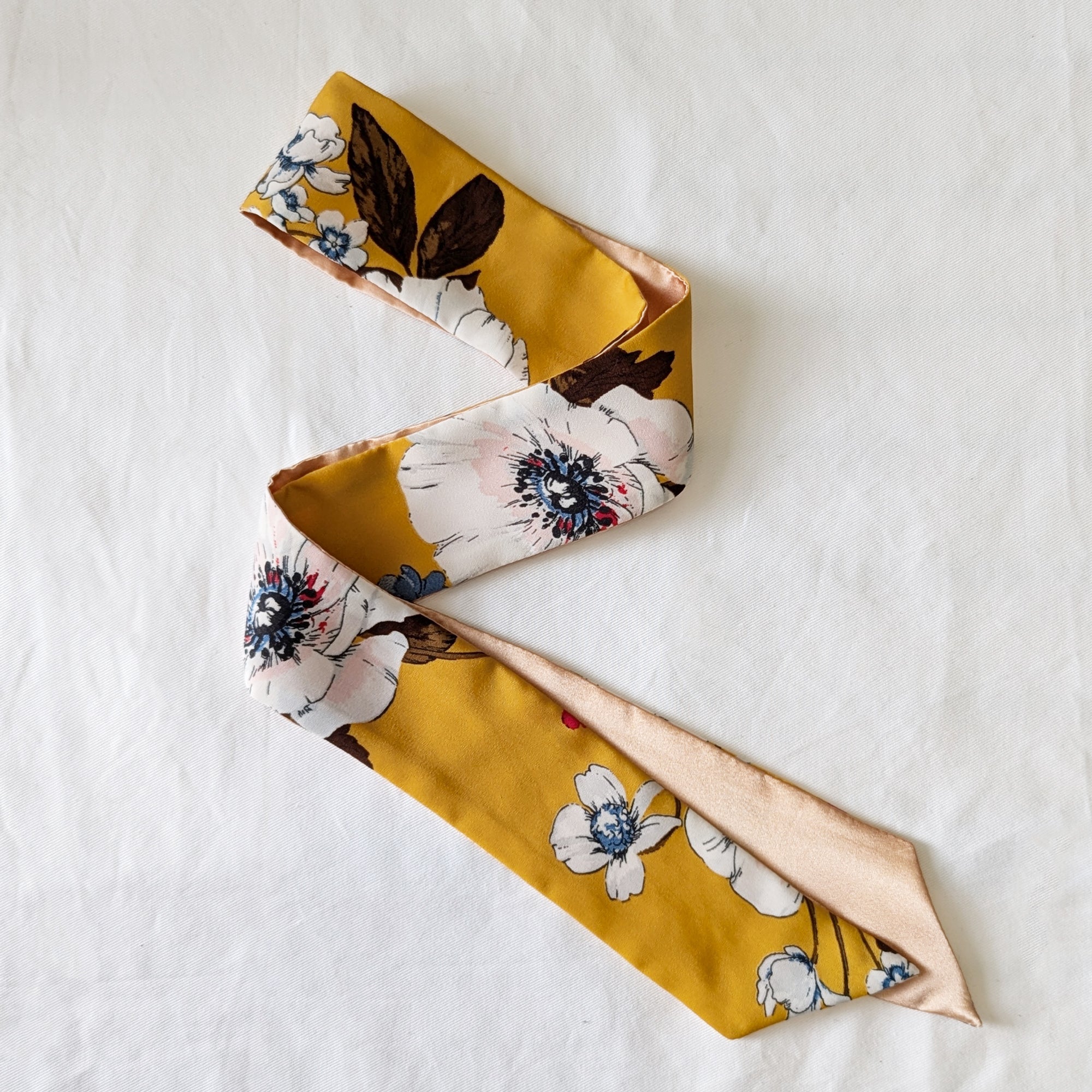 Silk Skinny Scarf - Fiori Bianchi - Giallo