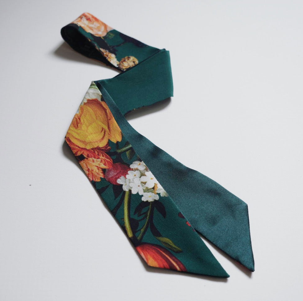 Silk Skinny Scarf - Fiori Vari - Verde