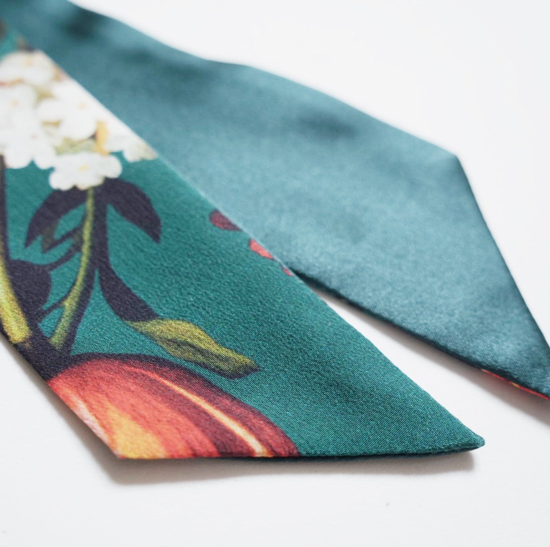 Silk Skinny Scarf - Fiori Vari - Verde