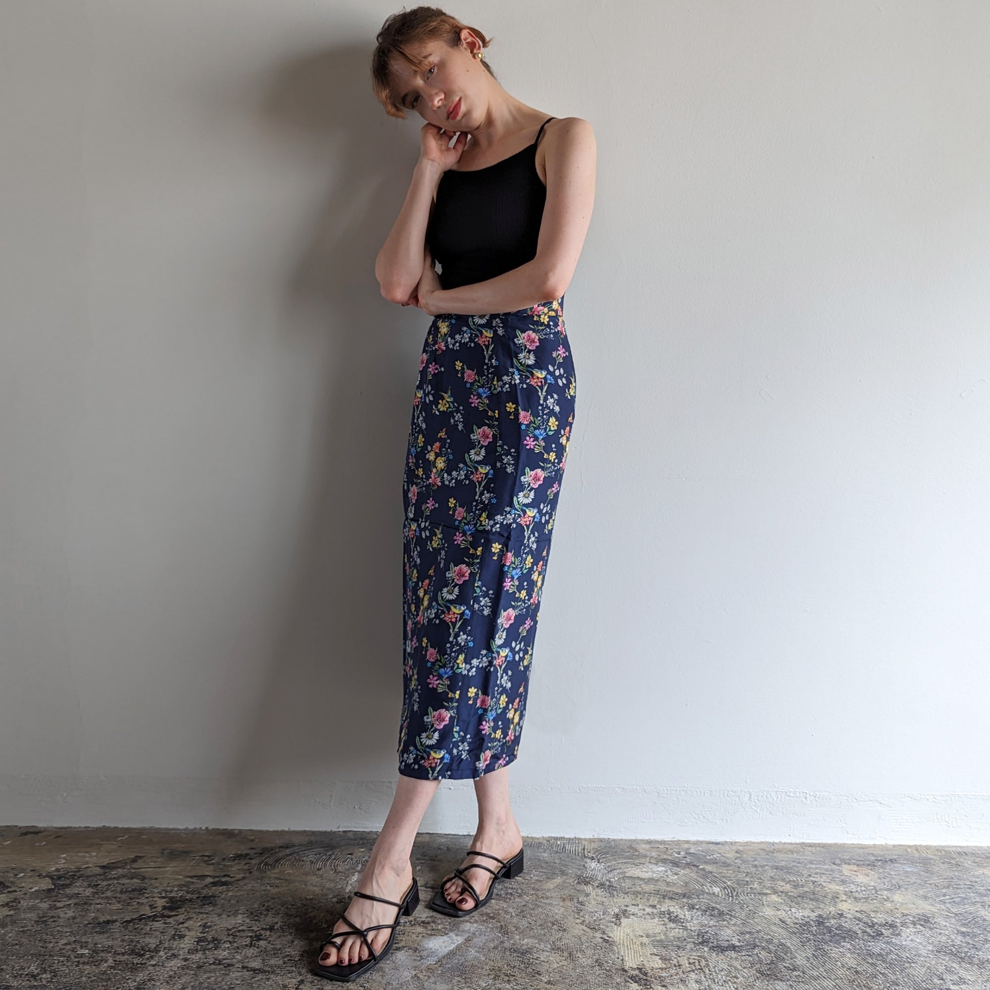 Italian Silk Wrap Skirt - Fiori Navy