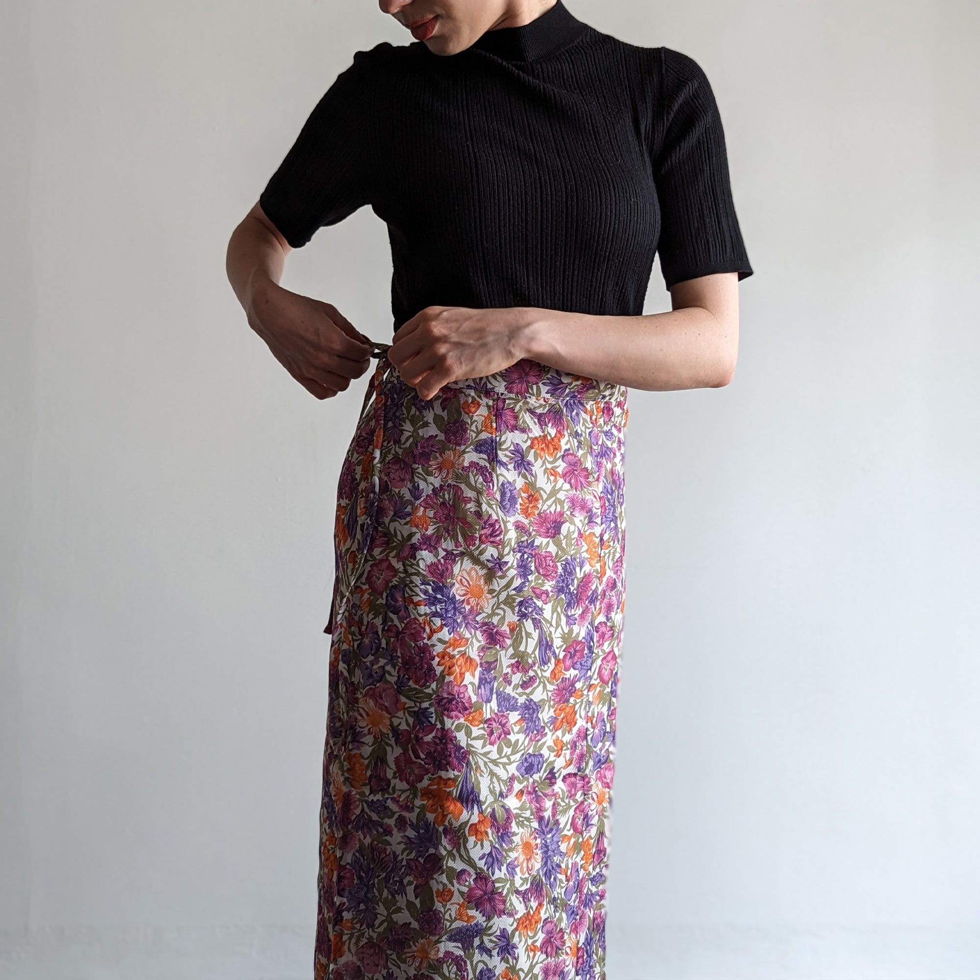 Italian Silk Wrap Skirt - Fiori Viola e Arancione