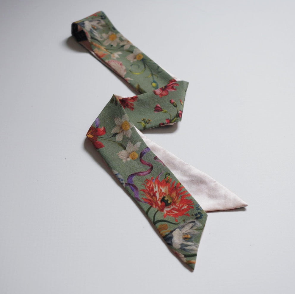Silk Skinny Scarf - Bouquet - verde