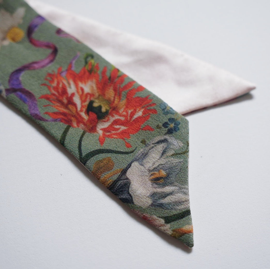 Silk Skinny Scarf - Bouquet - verde