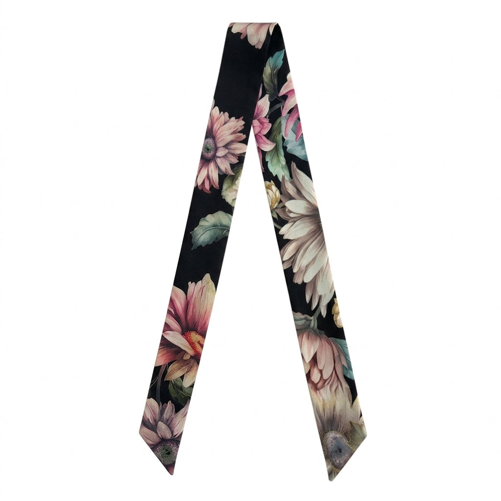 Silk Skinny Scarf - Pastel Daisy Black