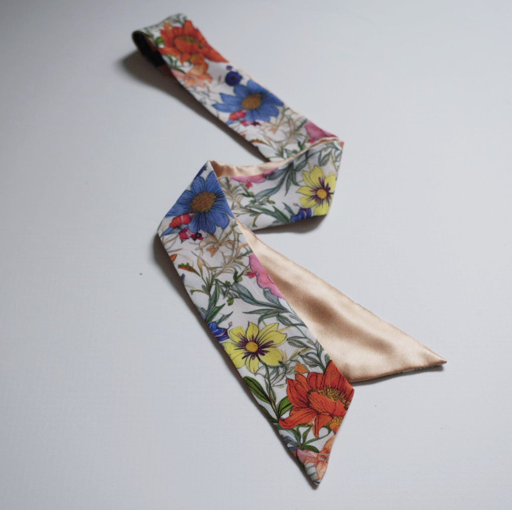 Silk Skinny Scarf -  Fiori vari - Bianco
