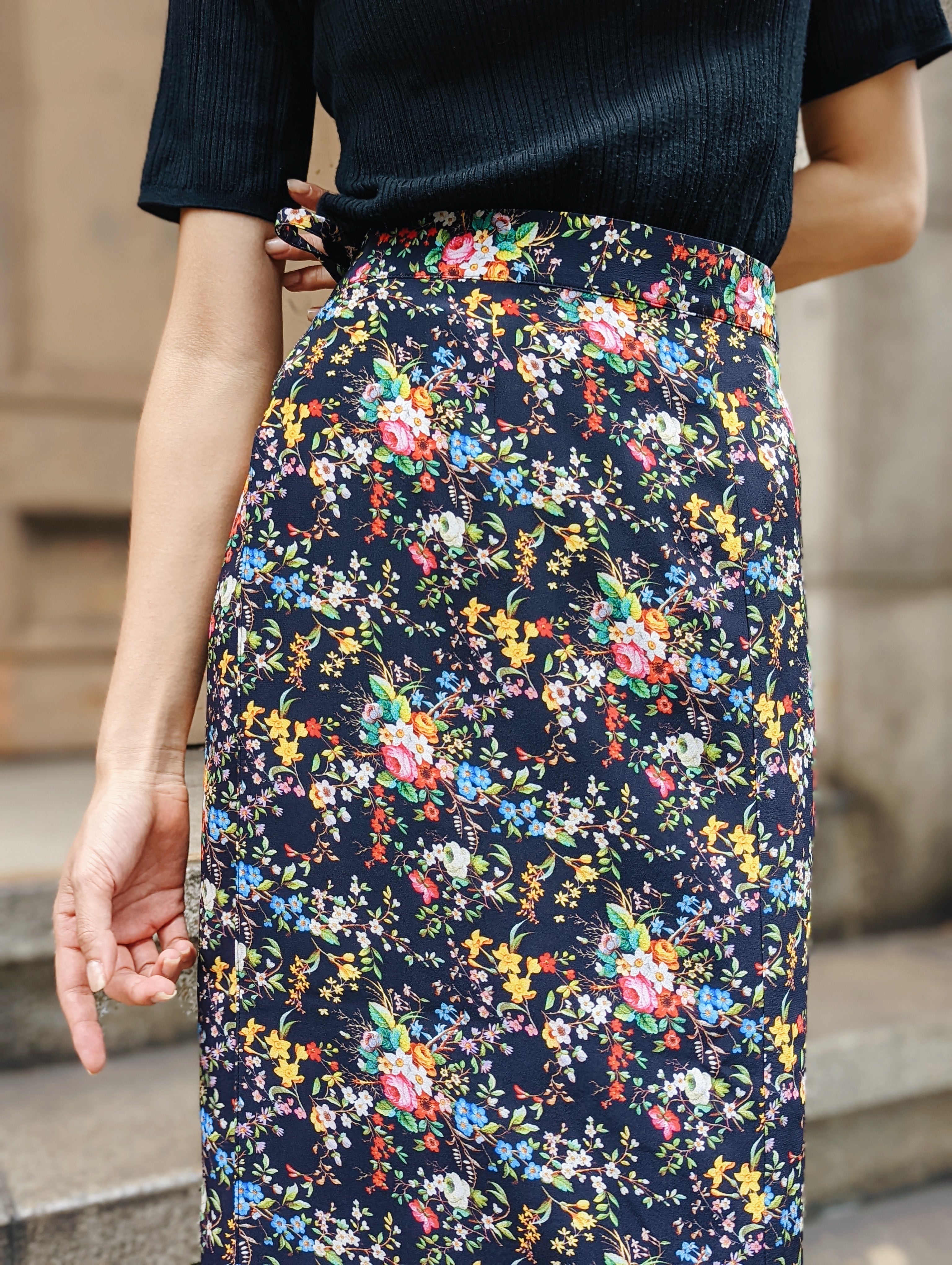 Italian Silk Wrap Skirt - Fiori Nero