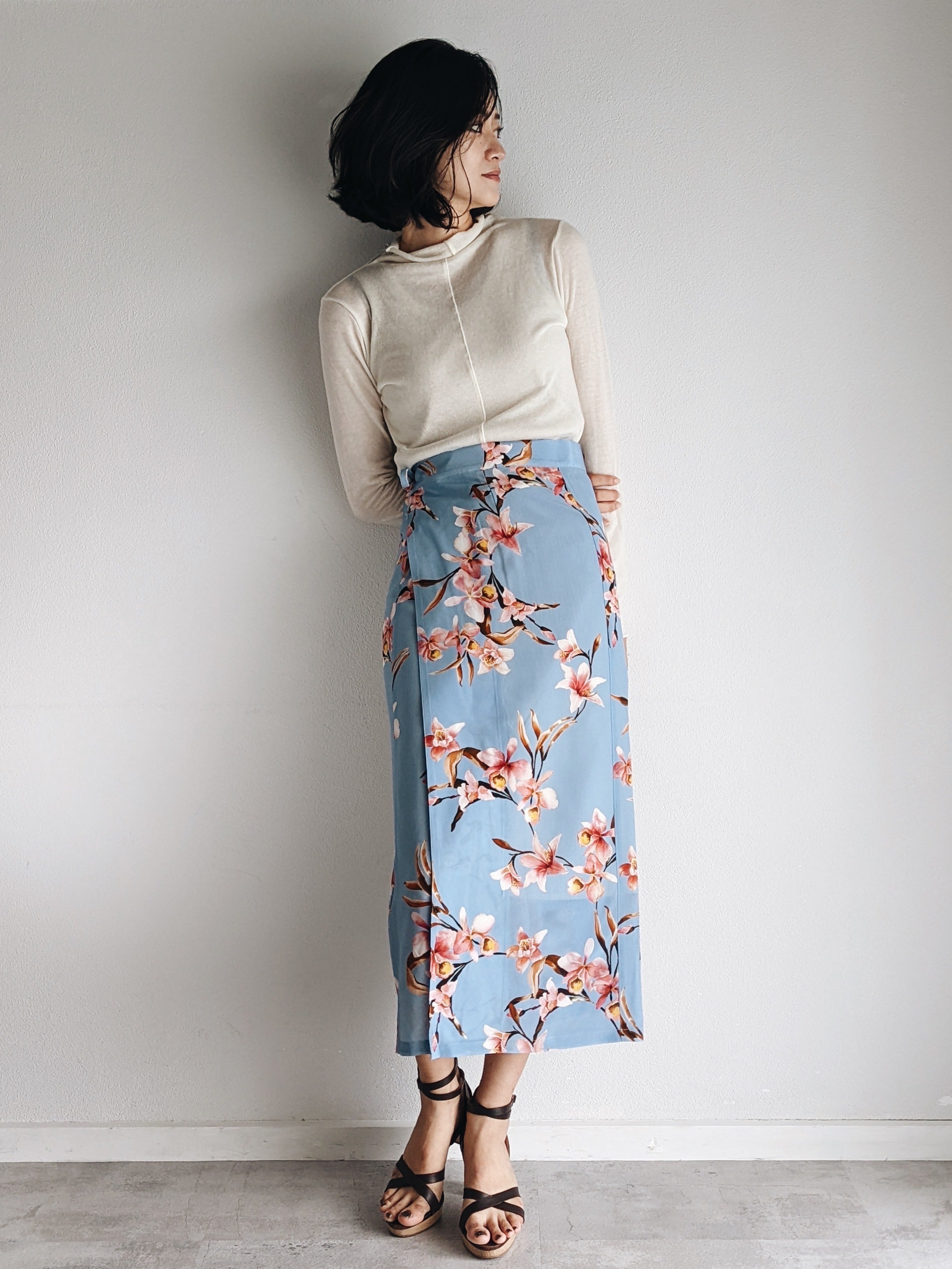 Italian Silk Wrap Skirt - Fiori Cielo