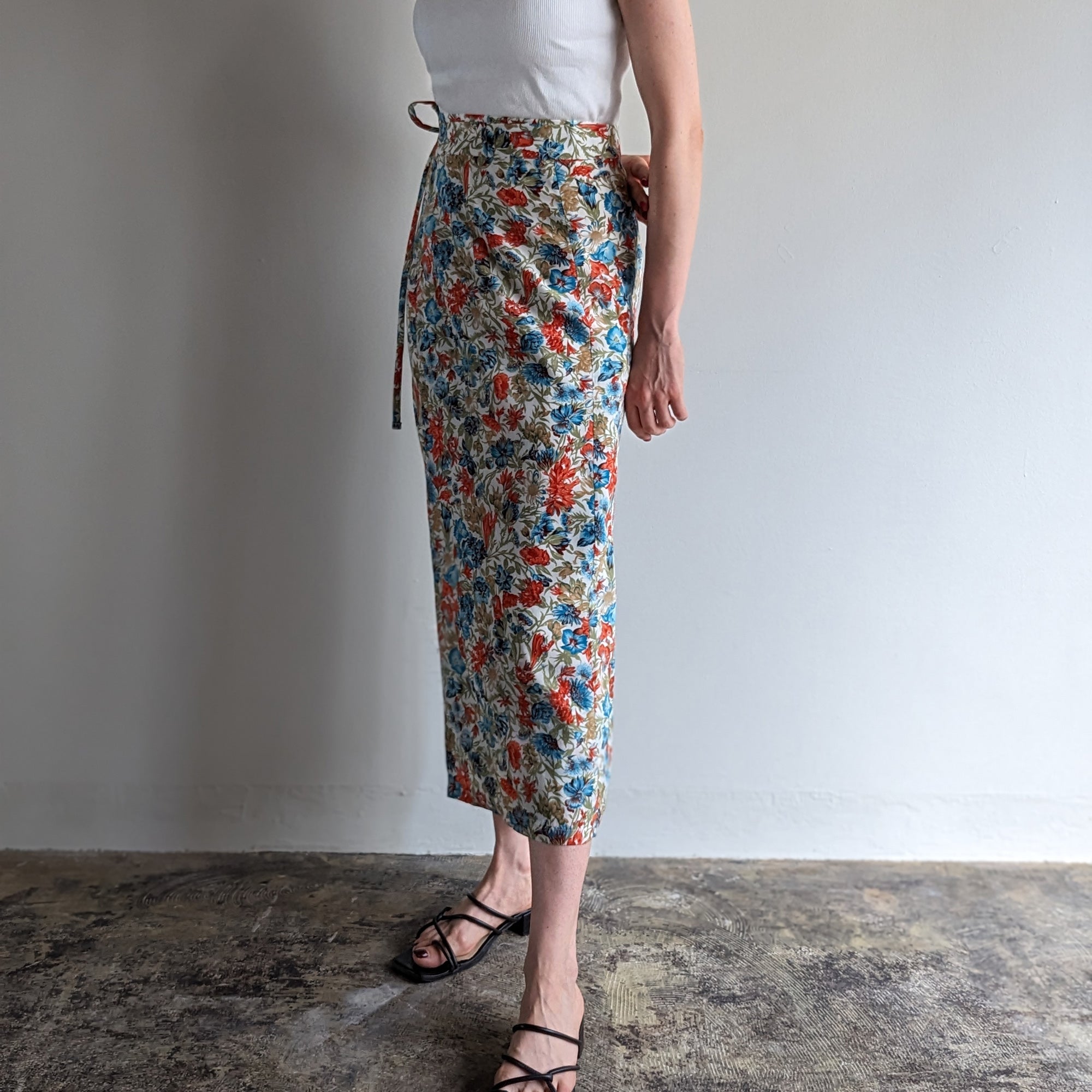 Italian Silk Wrap Skirt - Fiori Rosso e Blu