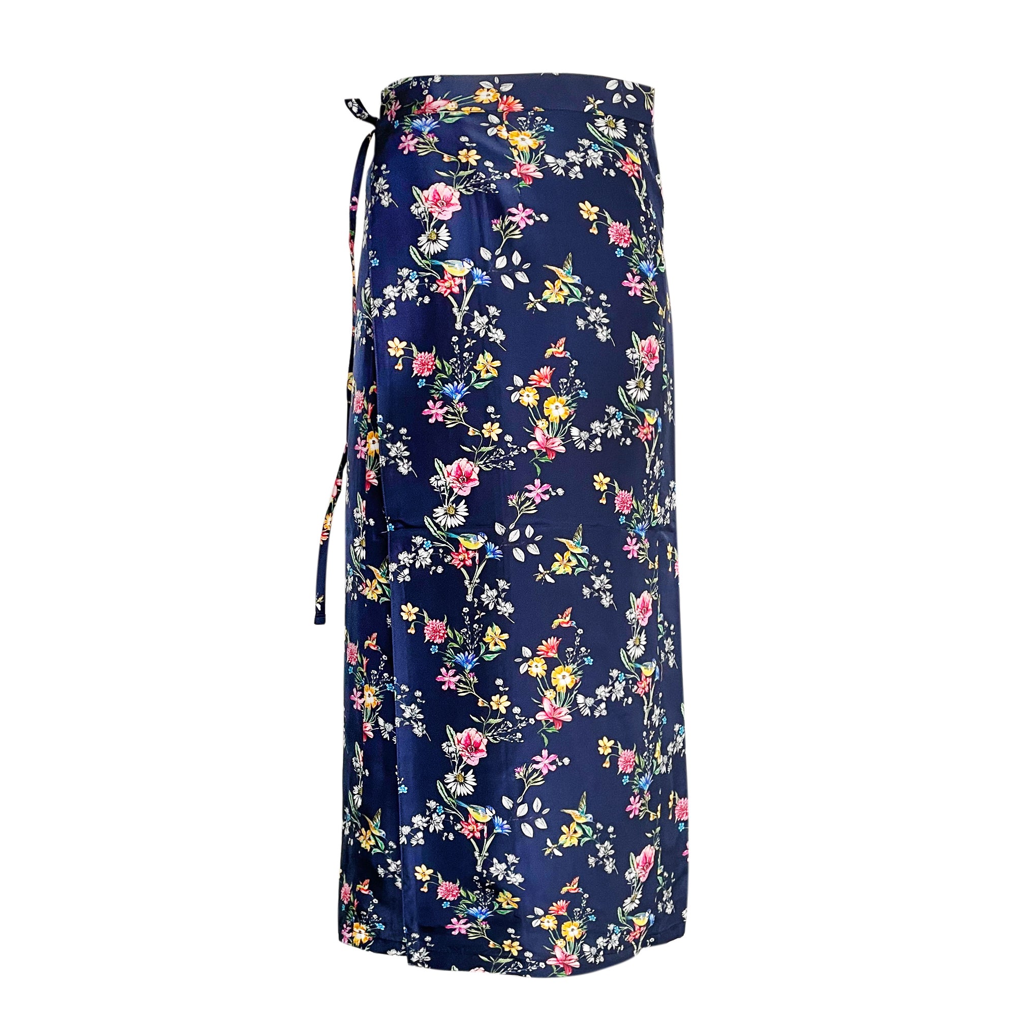 Italian Silk Wrap Skirt - Fiori Navy