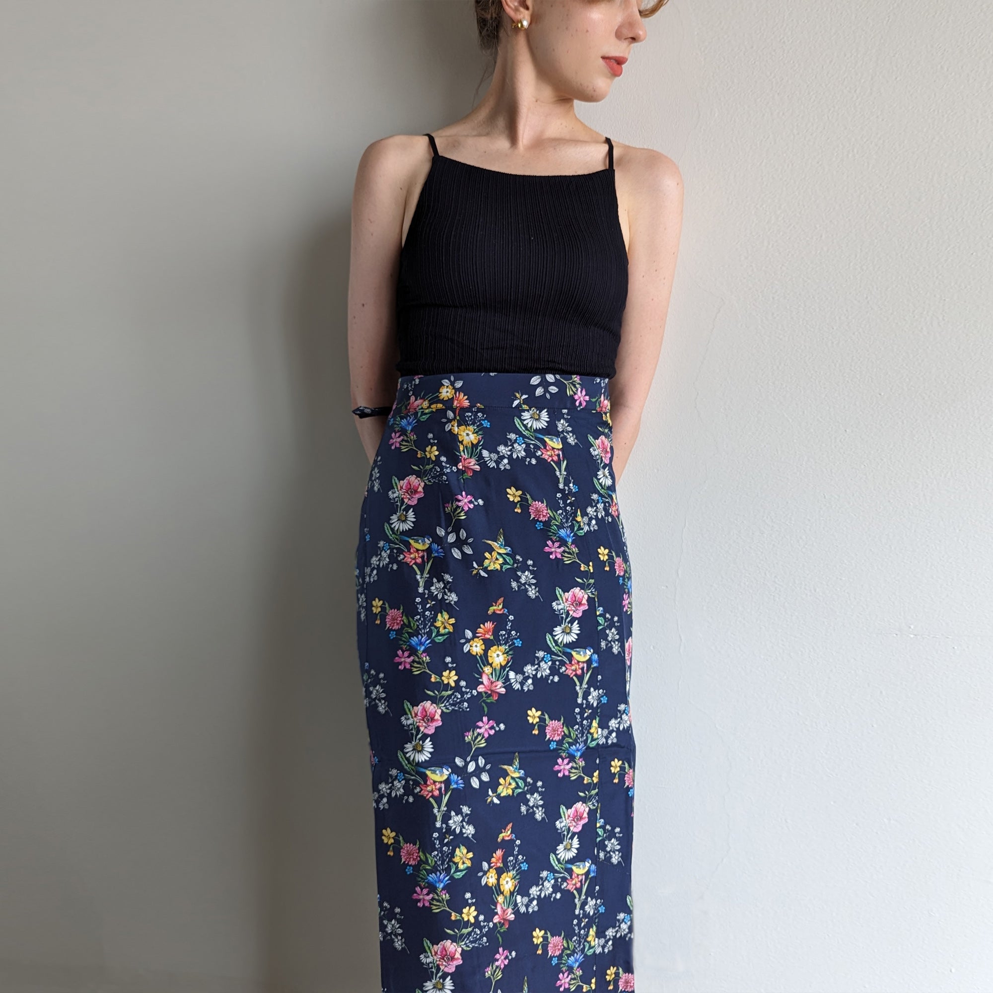 Italian Silk Wrap Skirt - Fiori Navy