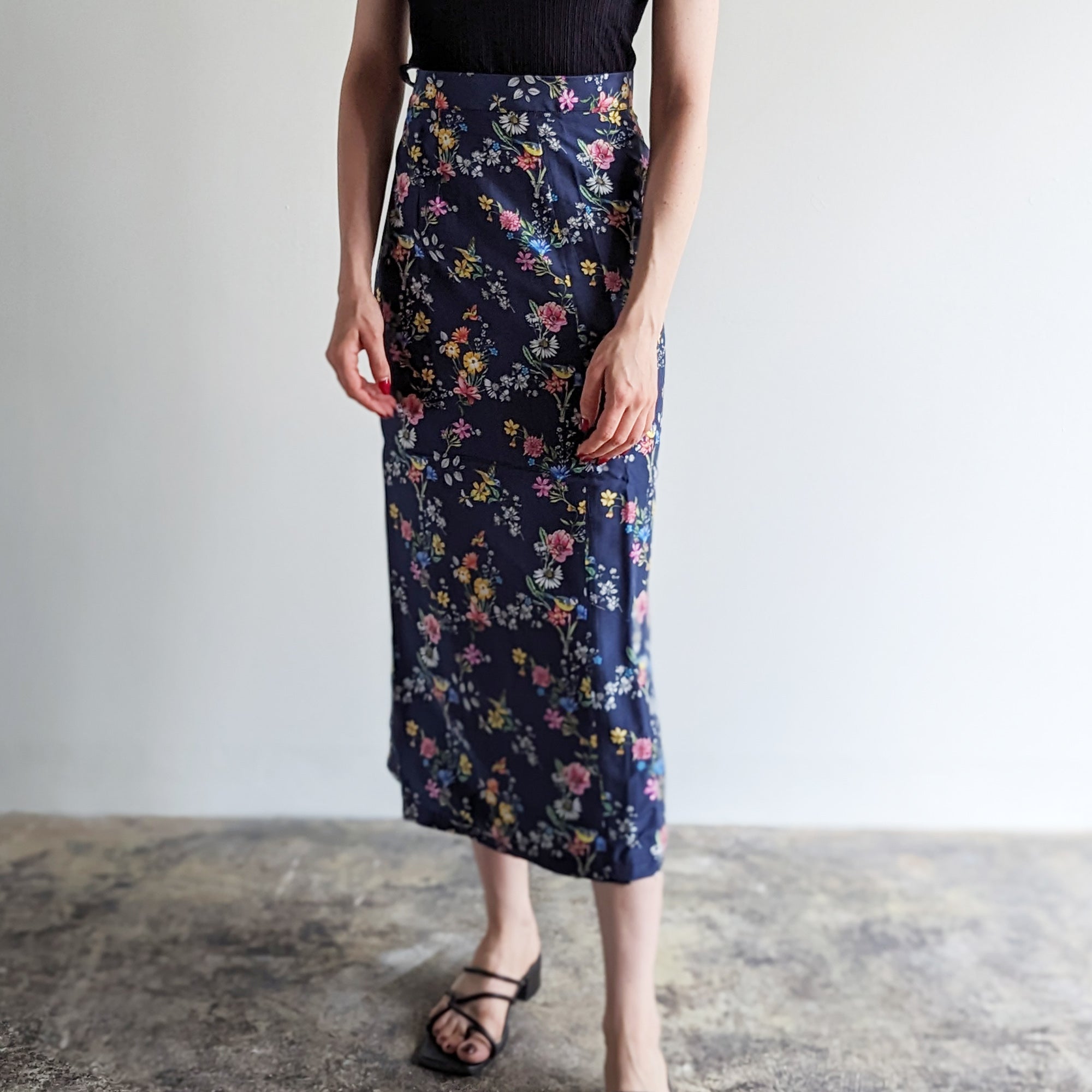 Italian Silk Wrap Skirt - Fiori Navy