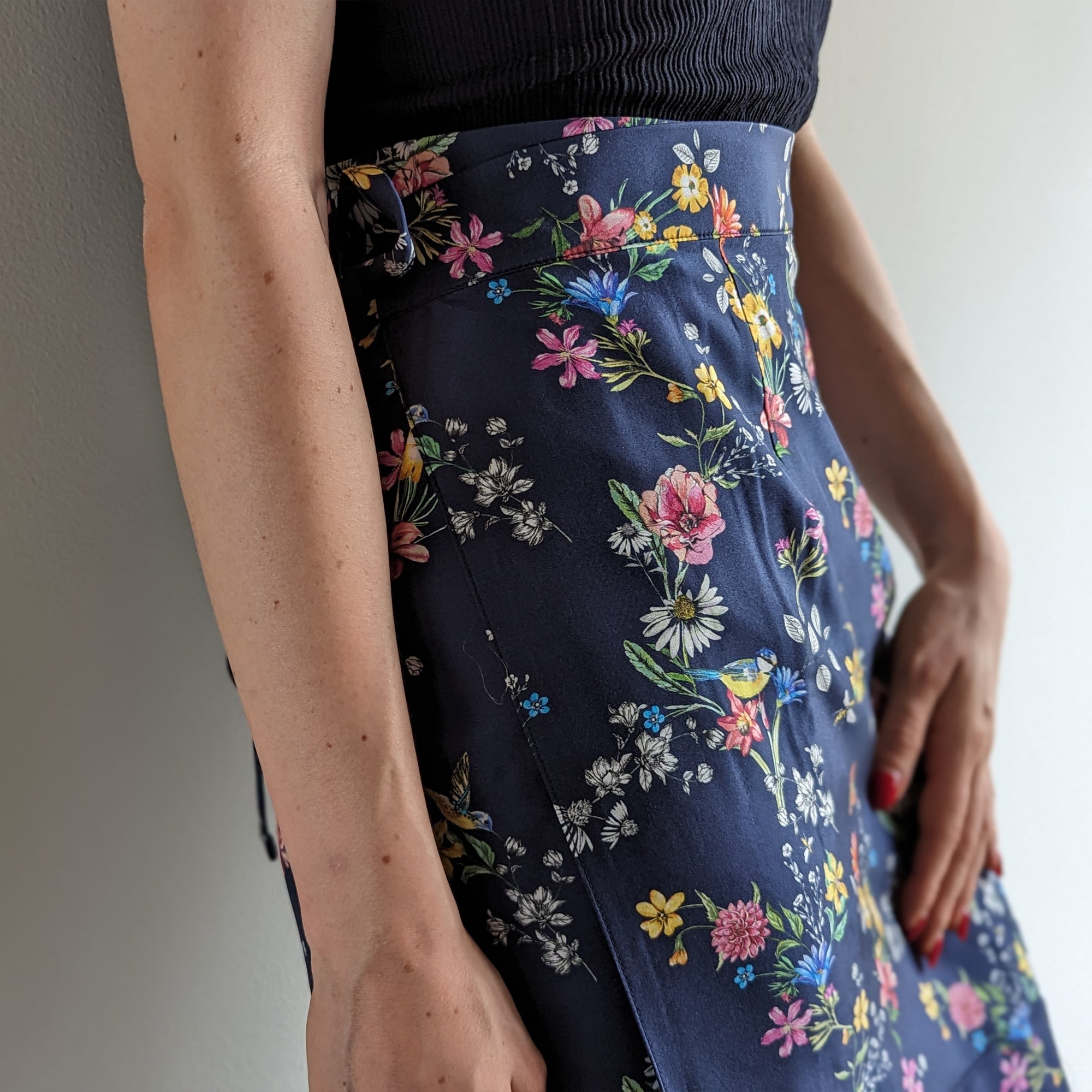 Italian Silk Wrap Skirt - Fiori Navy