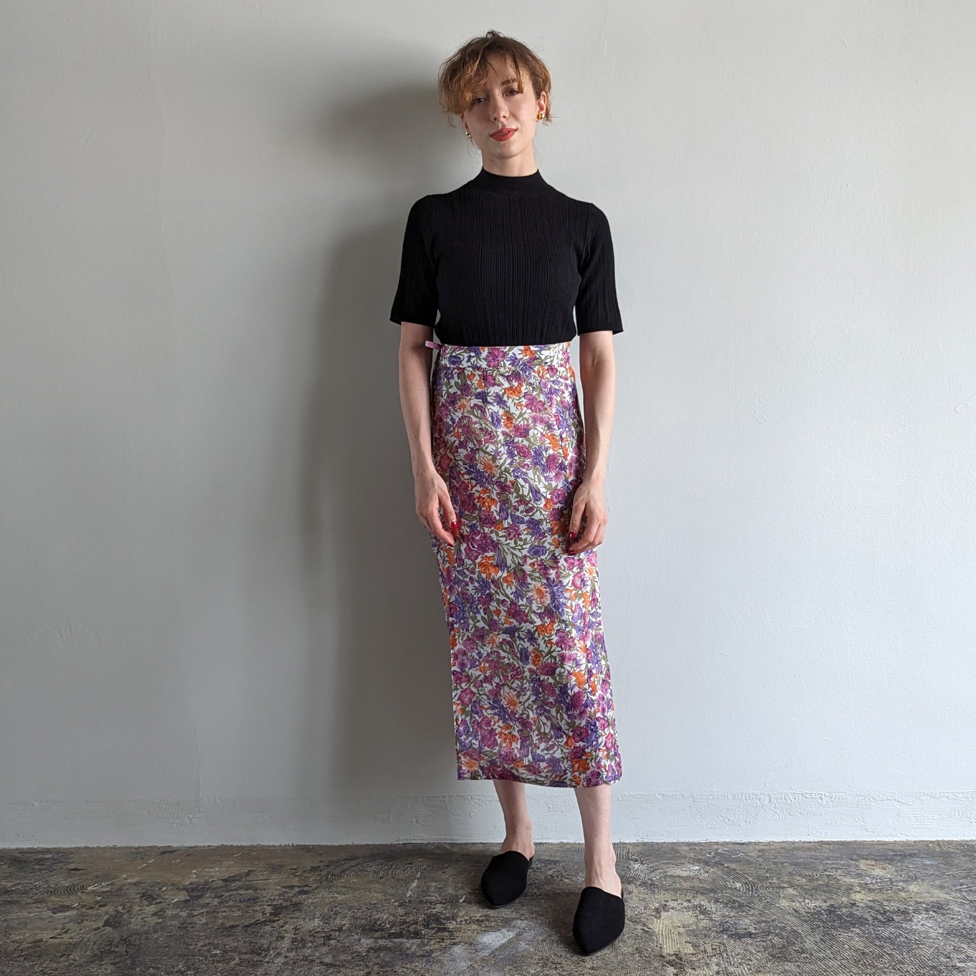 Italian Silk Wrap Skirt - Fiori Viola e Arancione