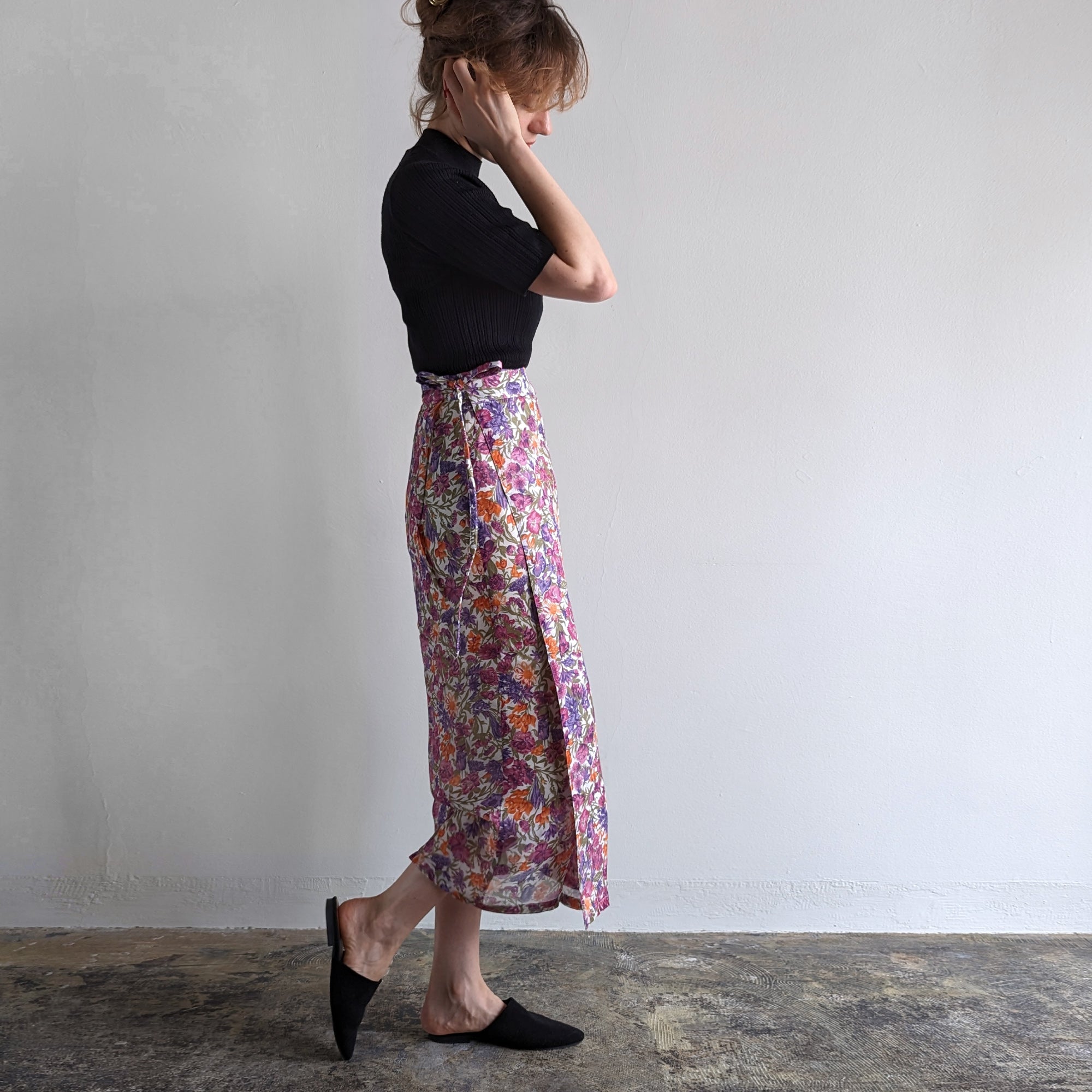 Italian Silk Wrap Skirt - Fiori Viola e Arancione